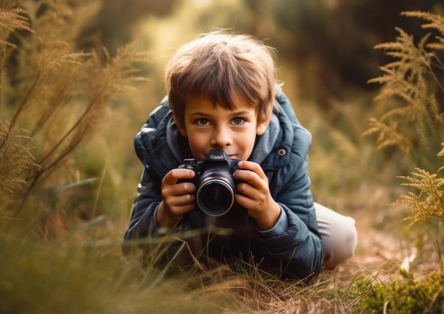 child with camera lying in grass