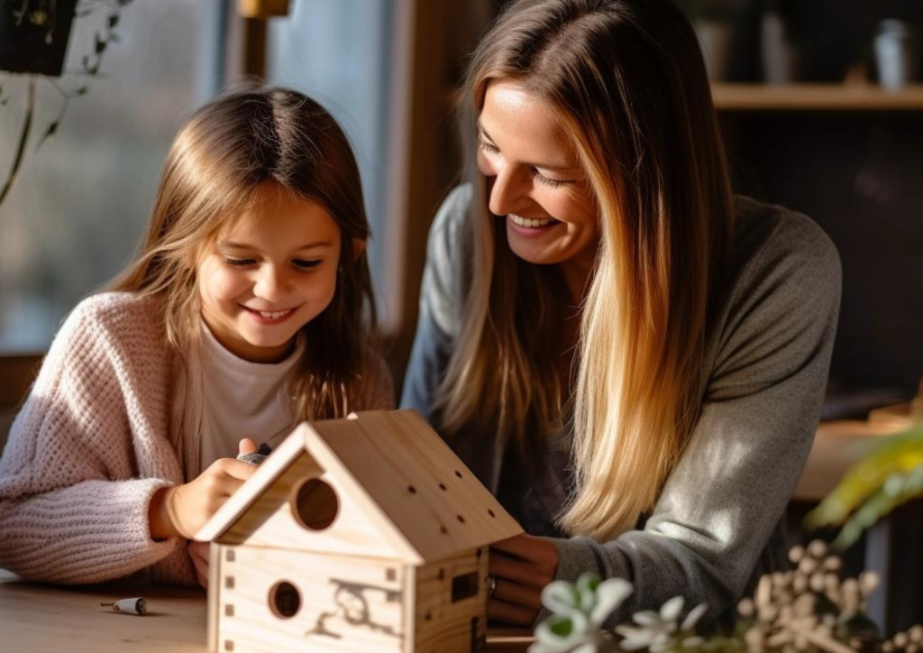 a mom and daughter building a bird box together