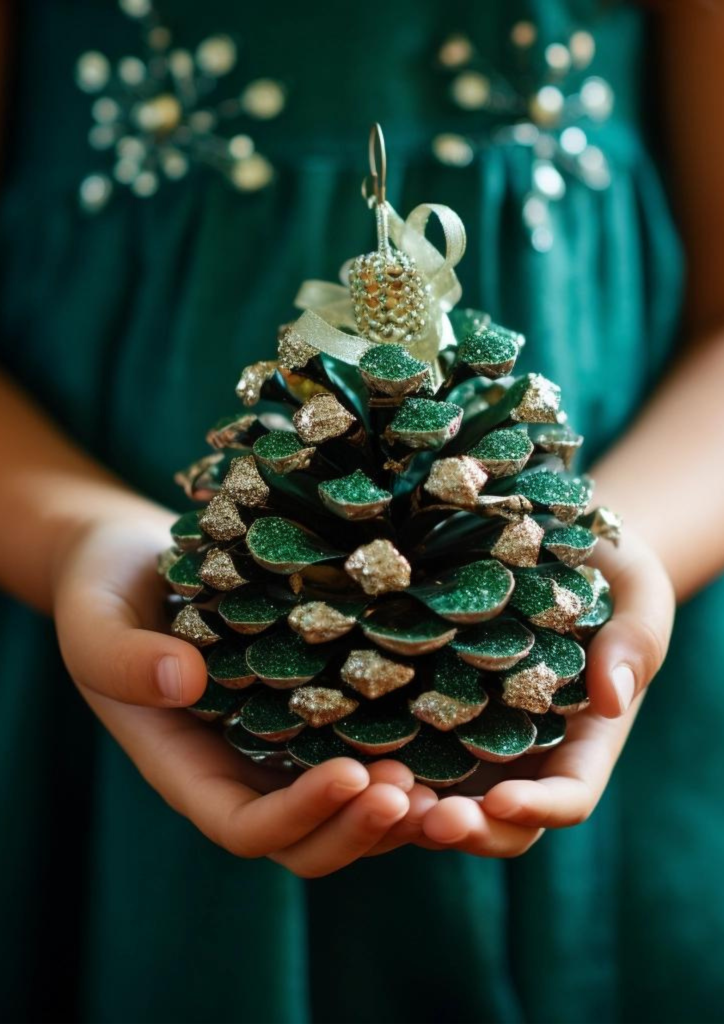 close up of hand crafted pine cone Christmas tree