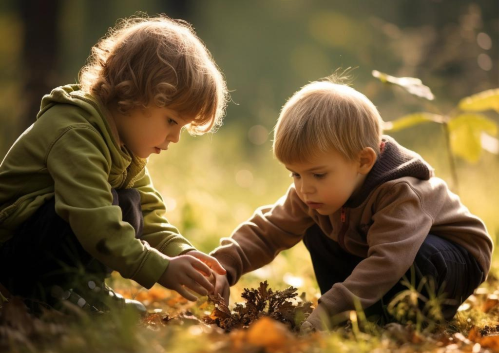two children gathering leaves