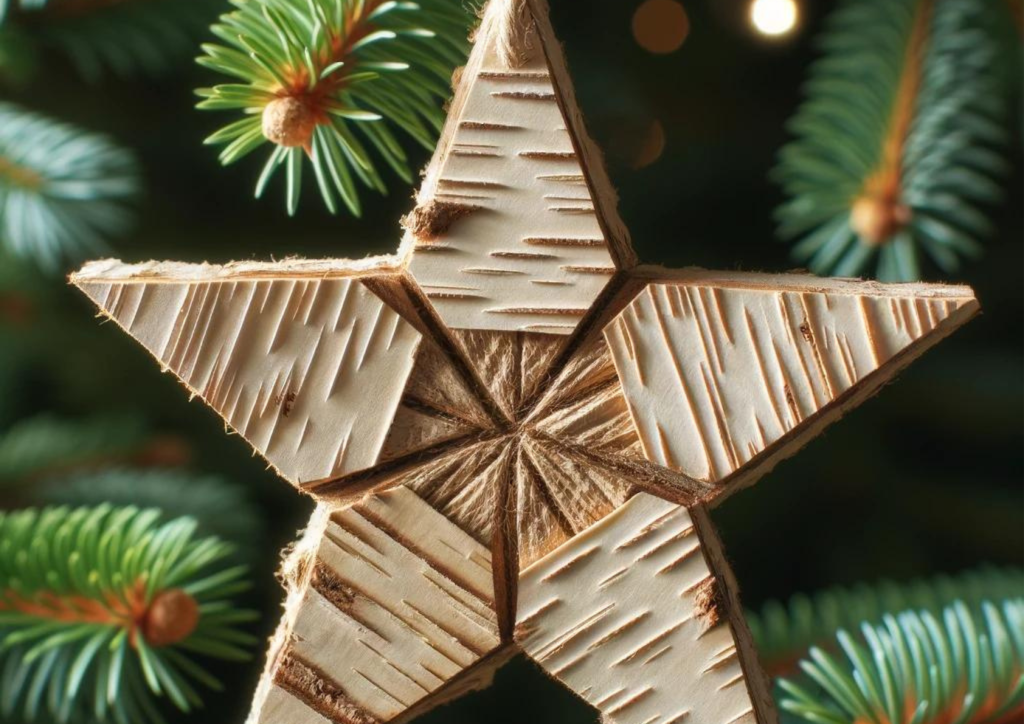 a close up of a birch bark Christmas star hanging on a Christmas tree