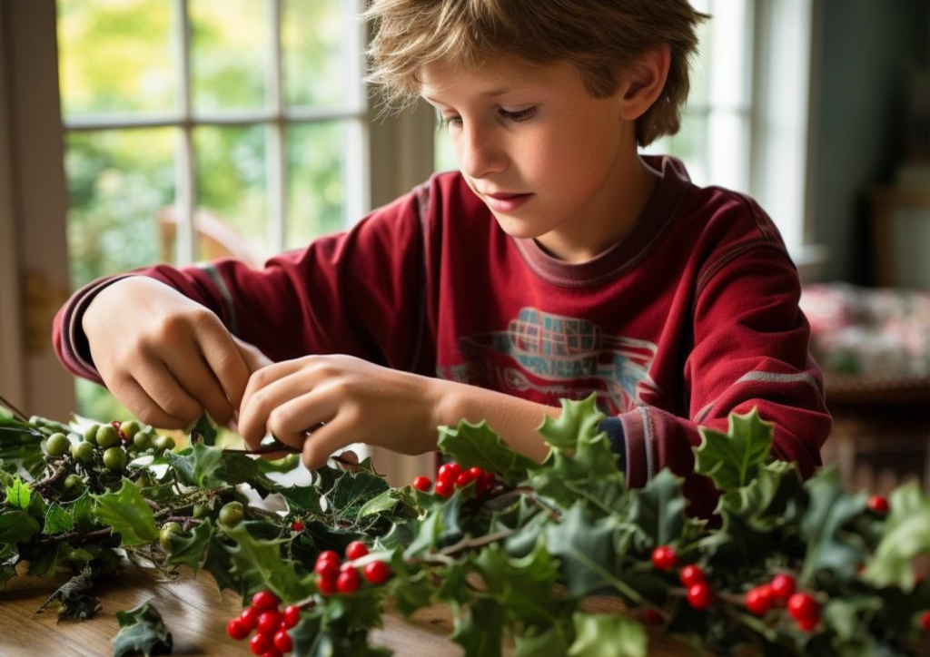 boy making a Christmas garland with natural foliage
