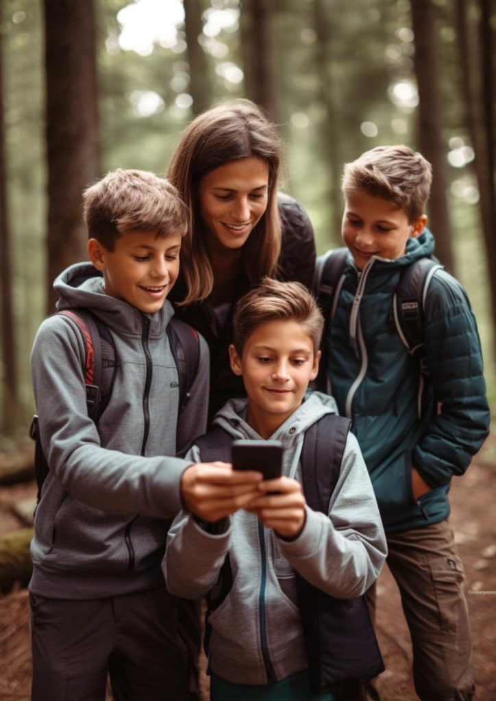 a young family searching for a geocache in a forest