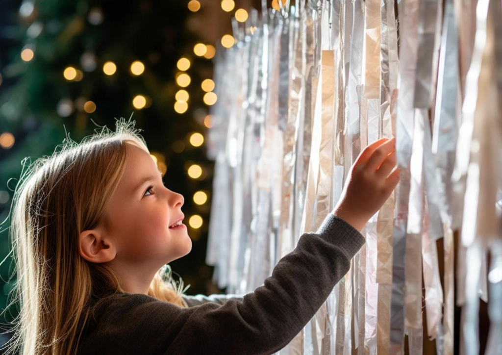 little girl enjoying a home made icicle garland