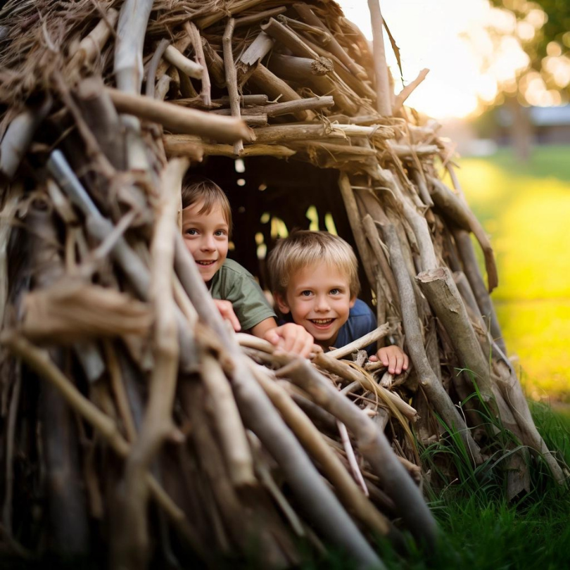 two young children inside a natural backyard fort