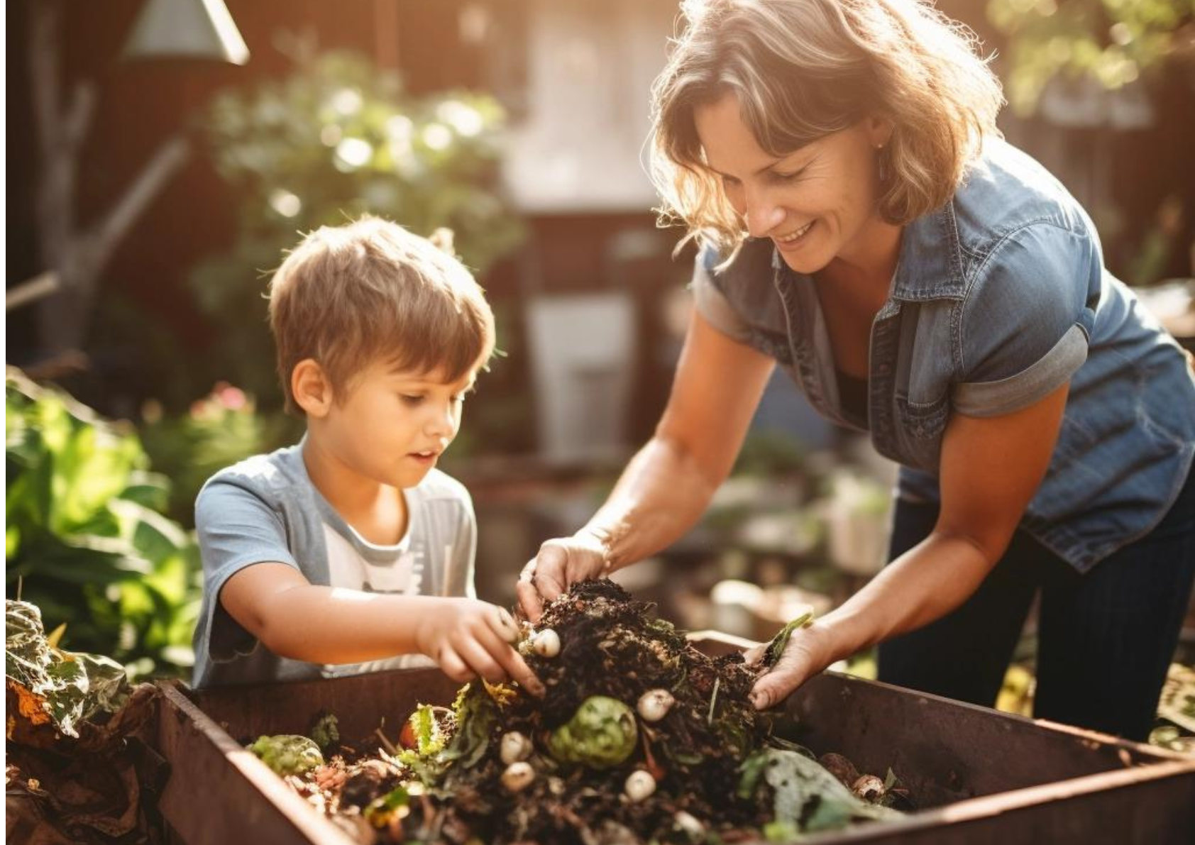 a boy and his mom composting together