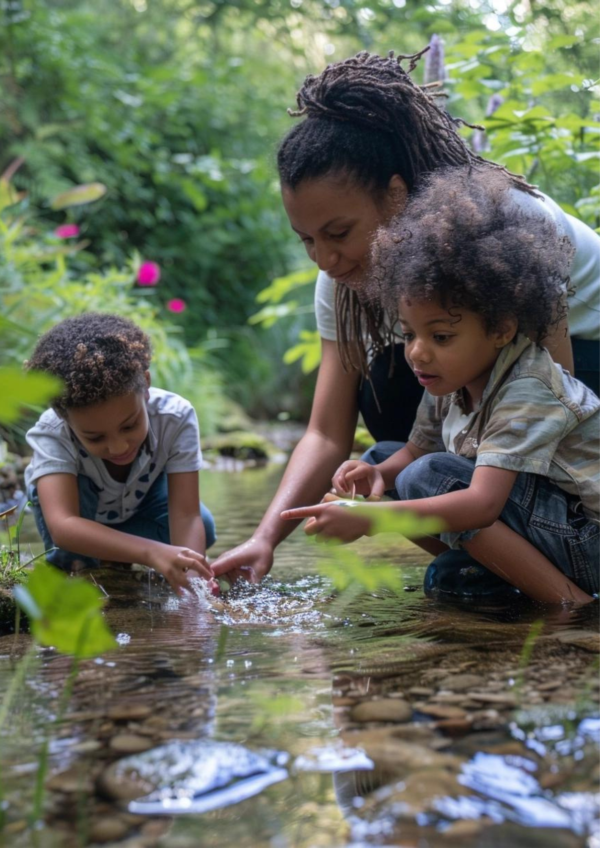 mother and two kids playing in a stream