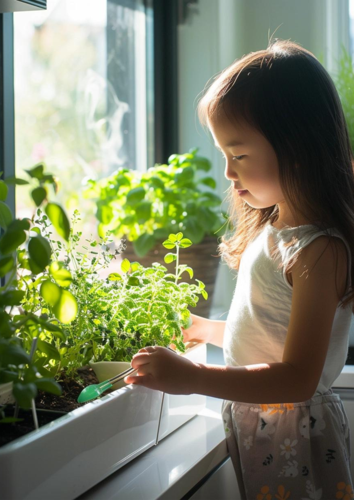 a little girl watering a herb garden