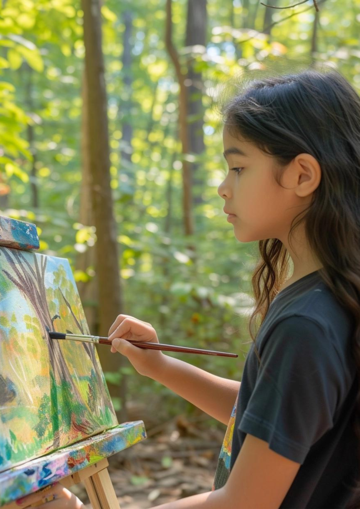 a girl in a forest painting a tree