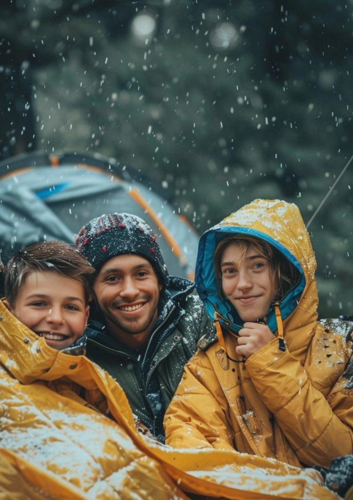 family of three camping in the rain