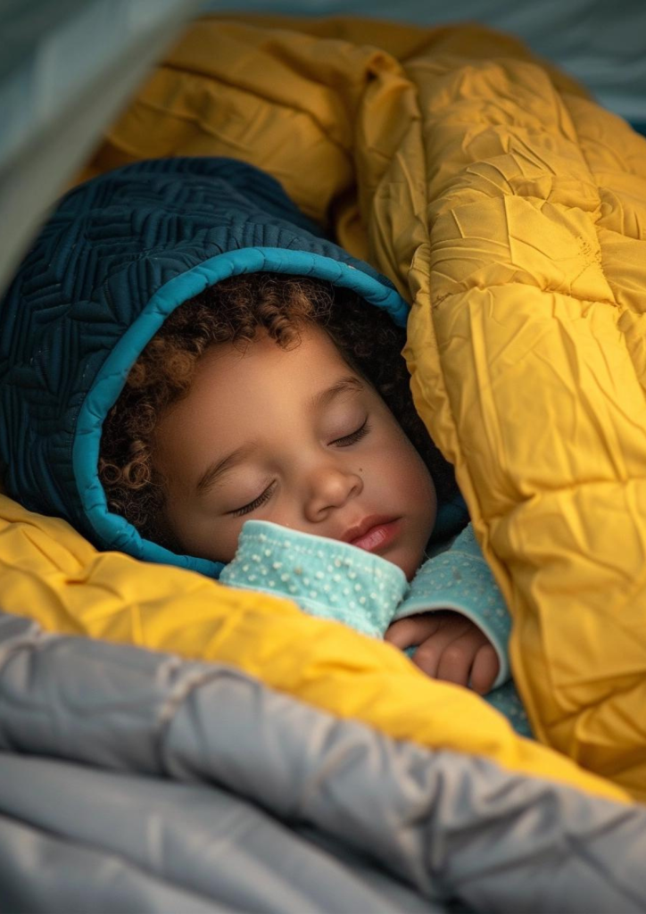a toddler sleeping in a sleeping bag