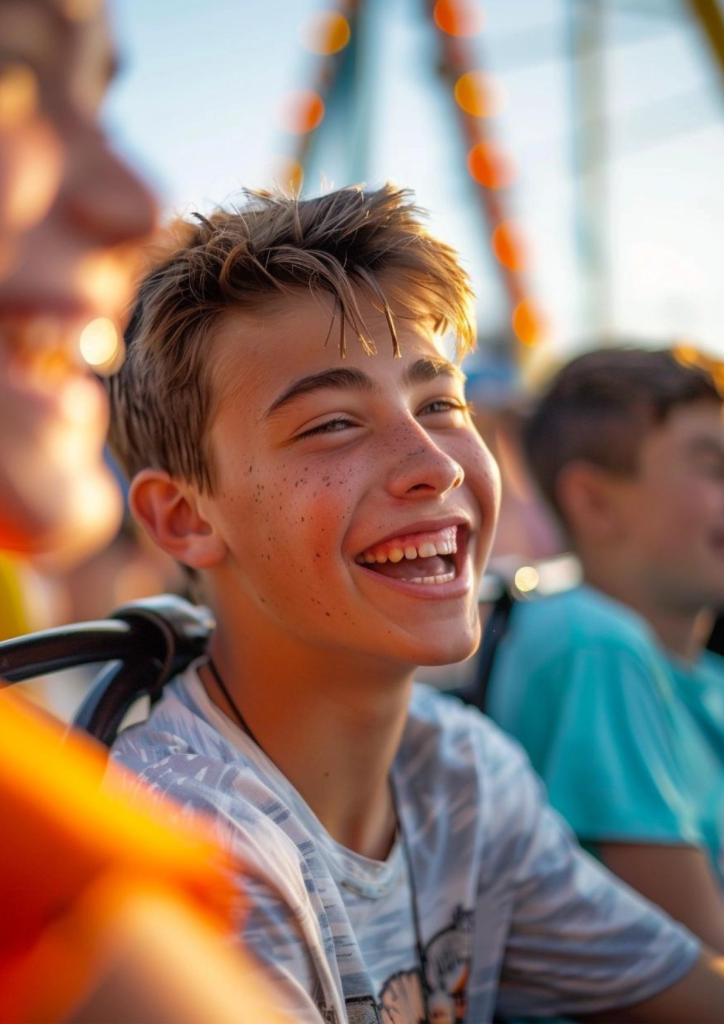 a boy on a theme park ride
