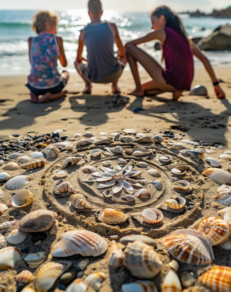 children next to a beach mandala they have made