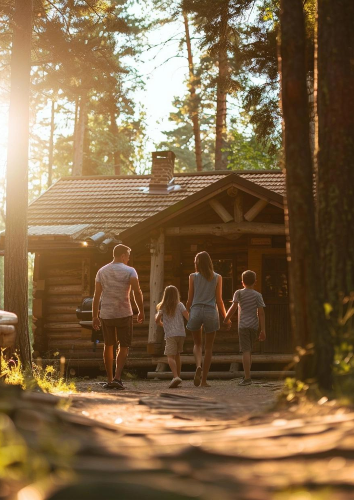 a family arriving at a cabin rental