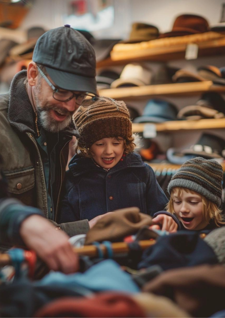 a family in a thrift store