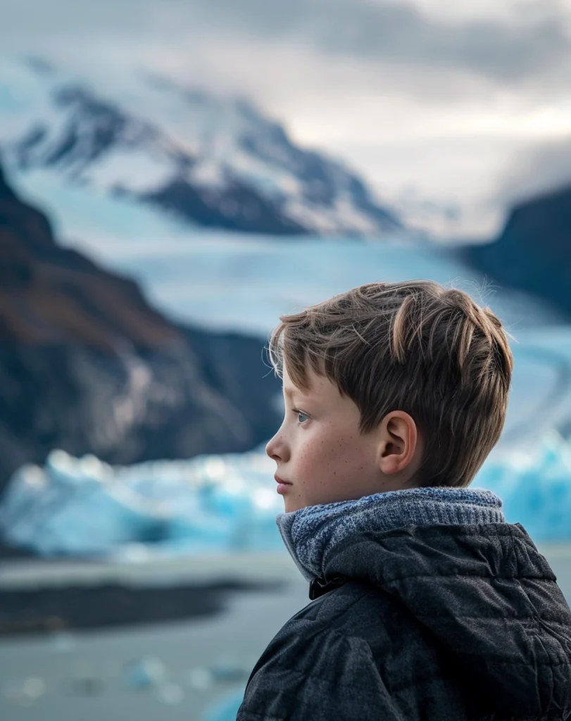 a tween boy looking out at a glacier