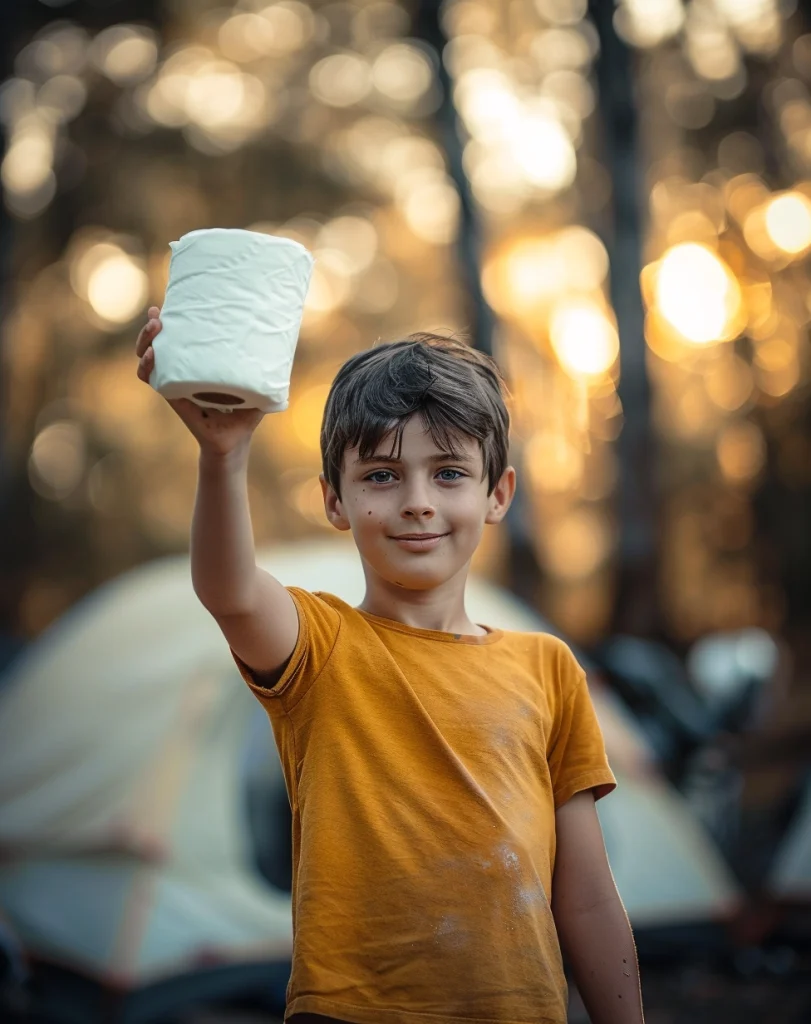 boy on a campsite holding up a toilet roll