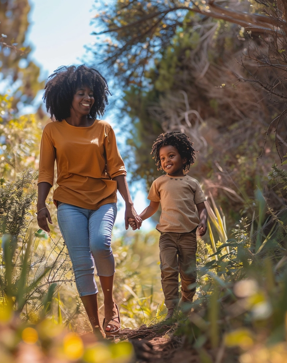 a mother and son exploring nature