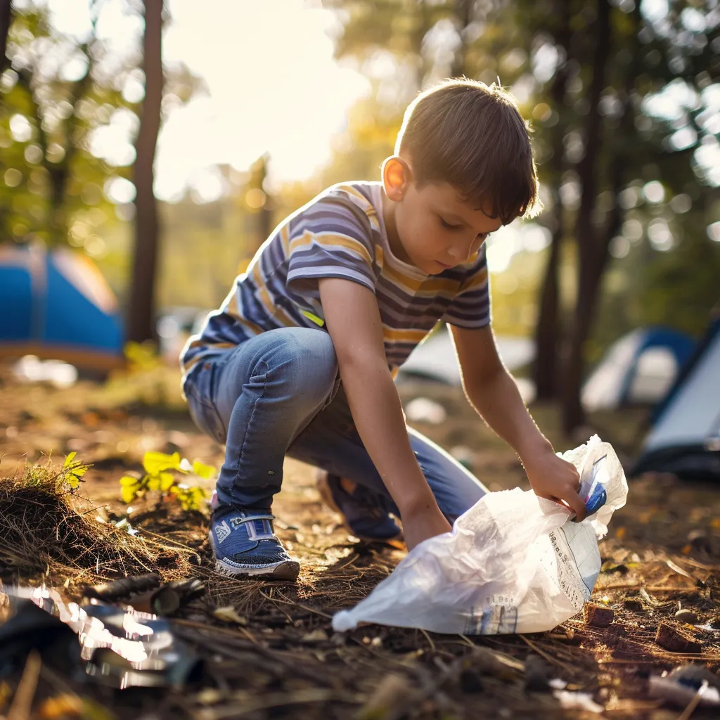 a child collecting litter on a campsite