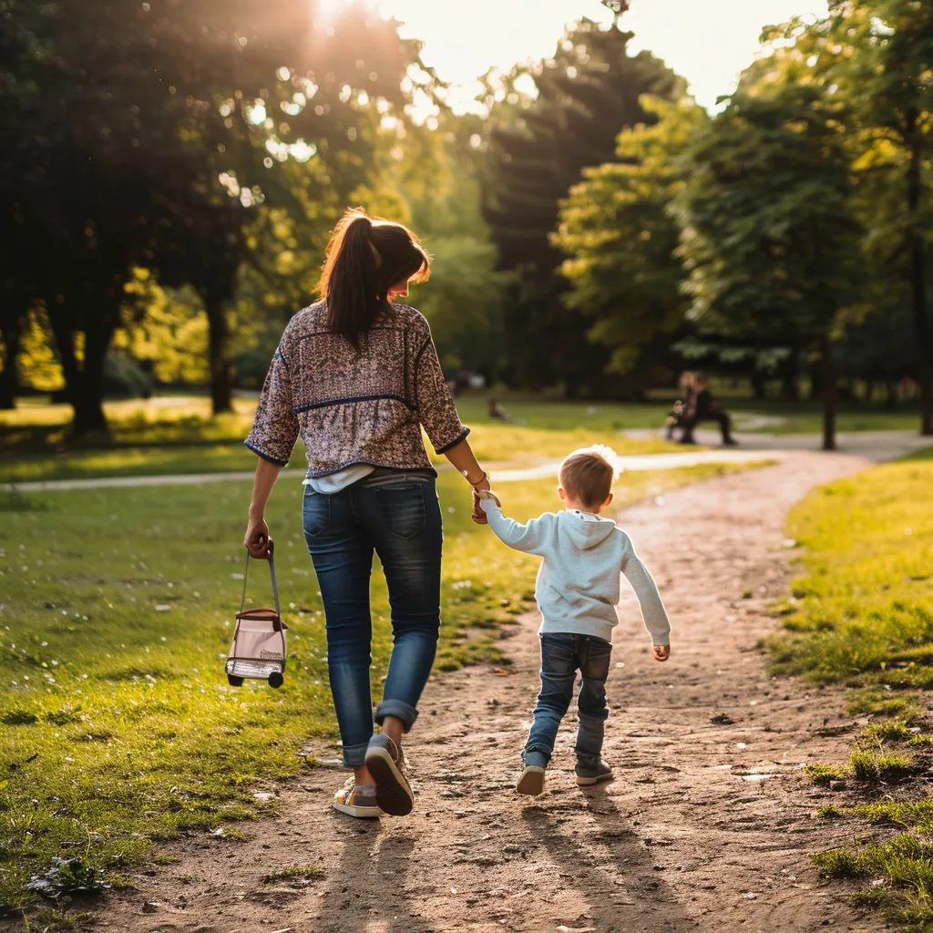 mom and child strolling through a park