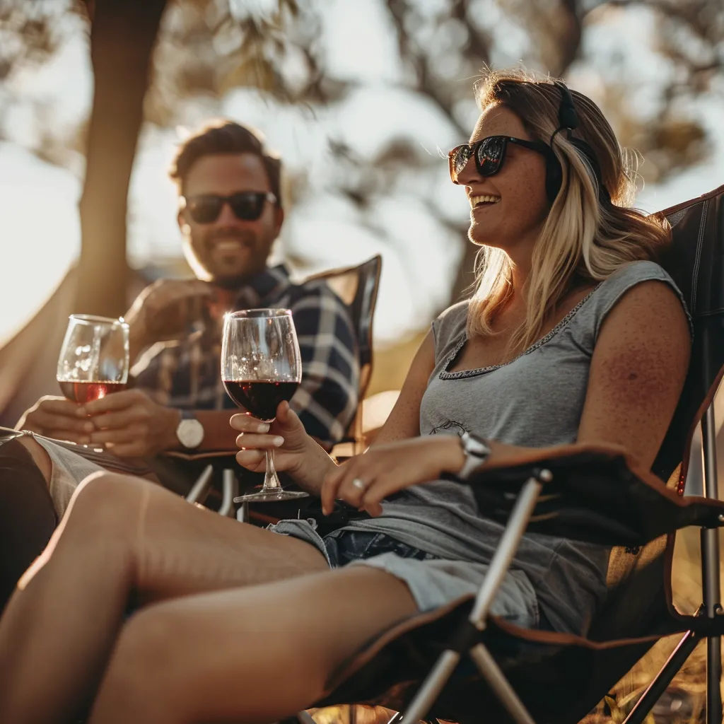 a young couple enjoying a glass of wine while camping