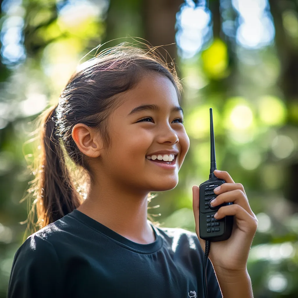 a happy tween girl talking into a walkie talkie