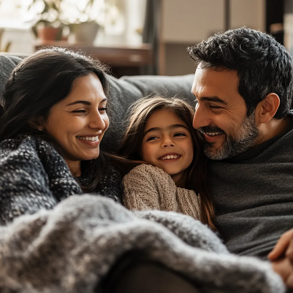 hygge family of three snuggled up on a sofa