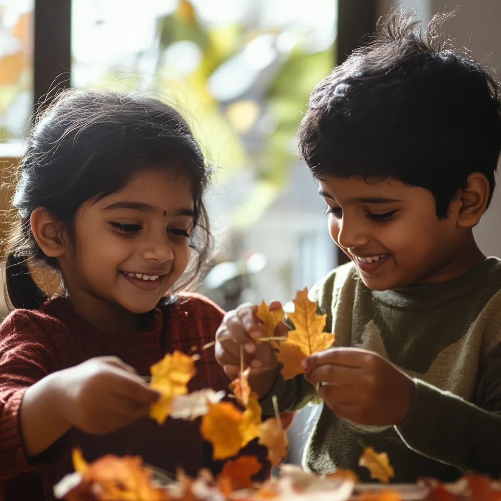 two children making a garland from dried fall leaves