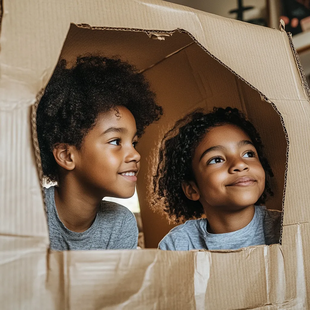 two children inside a home made cardboard den