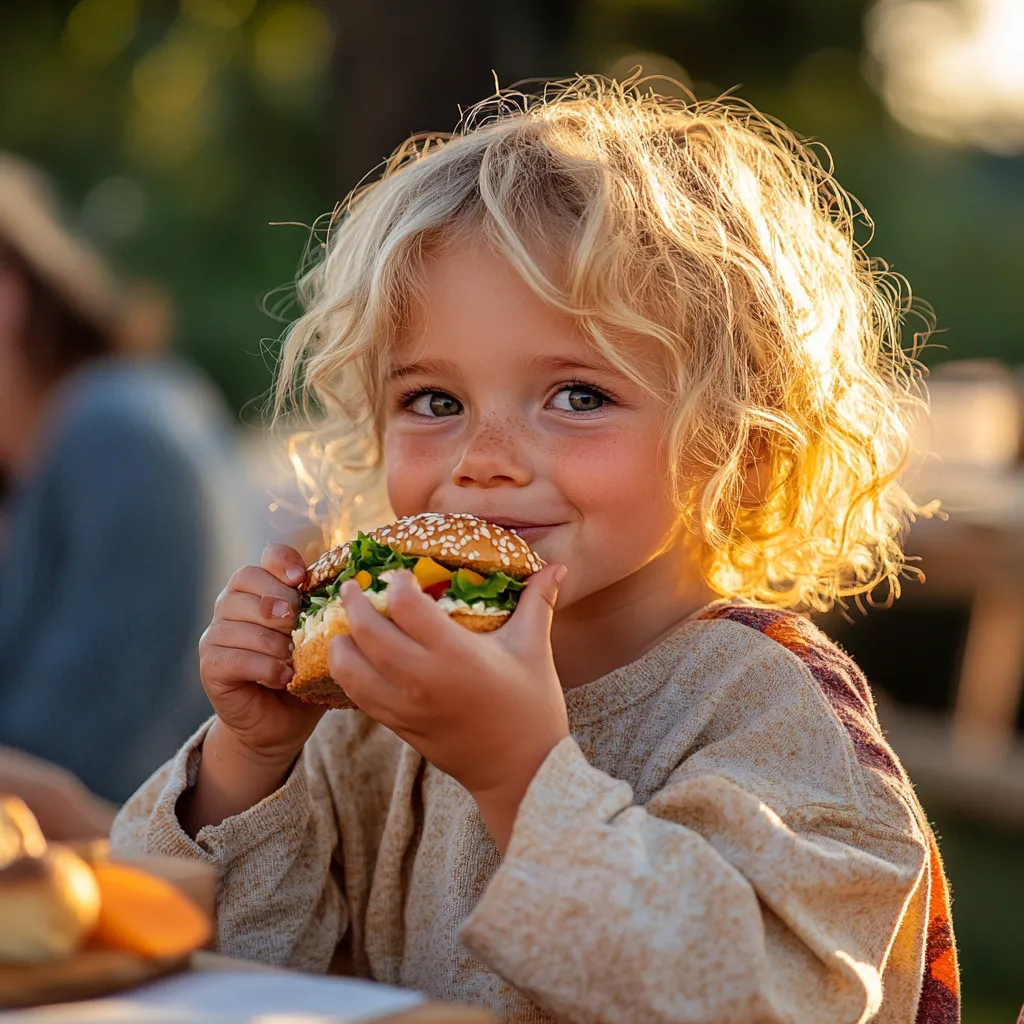 child eating a plant based burger outdoors