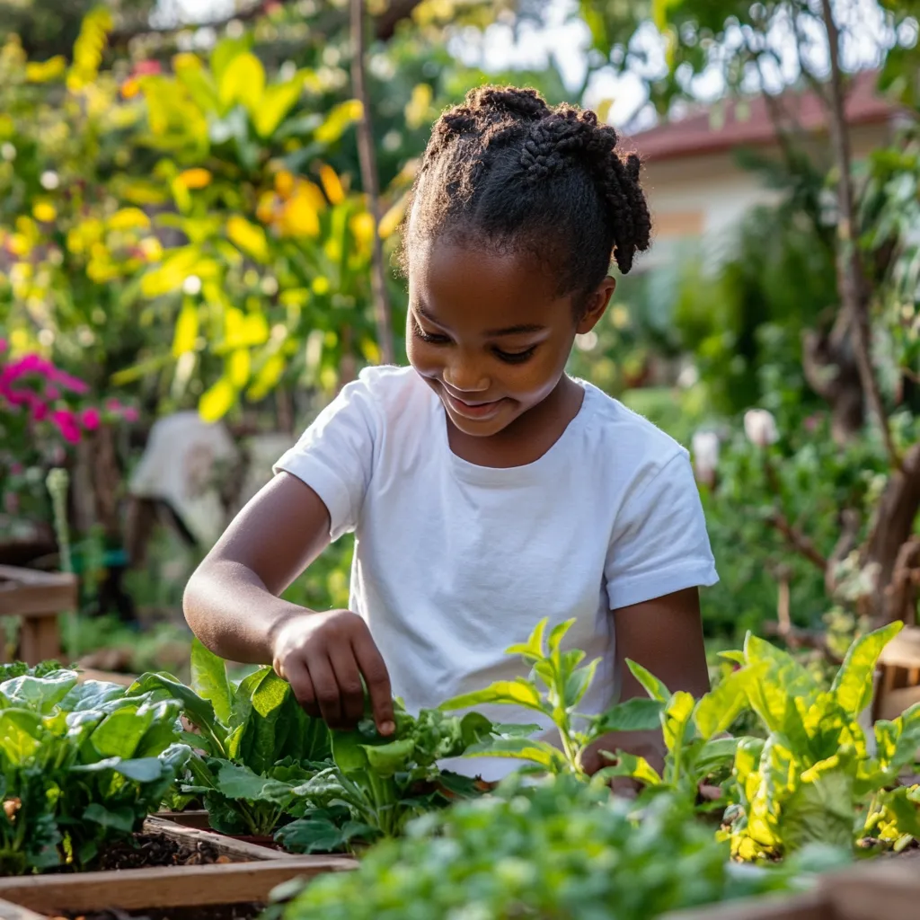 a happy tween child tending to plants and flowers