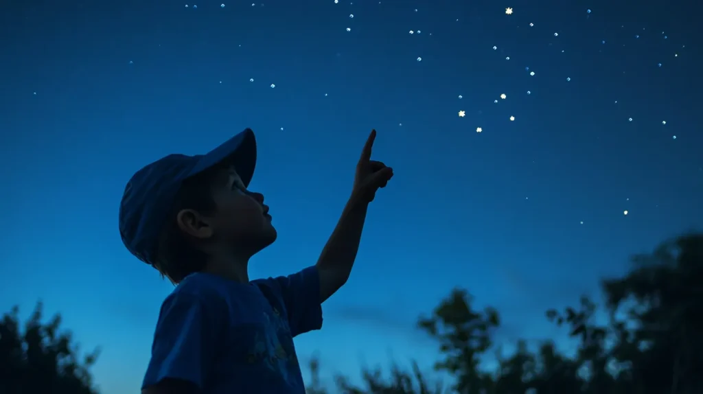 a little boy gazing and pointing at the stars