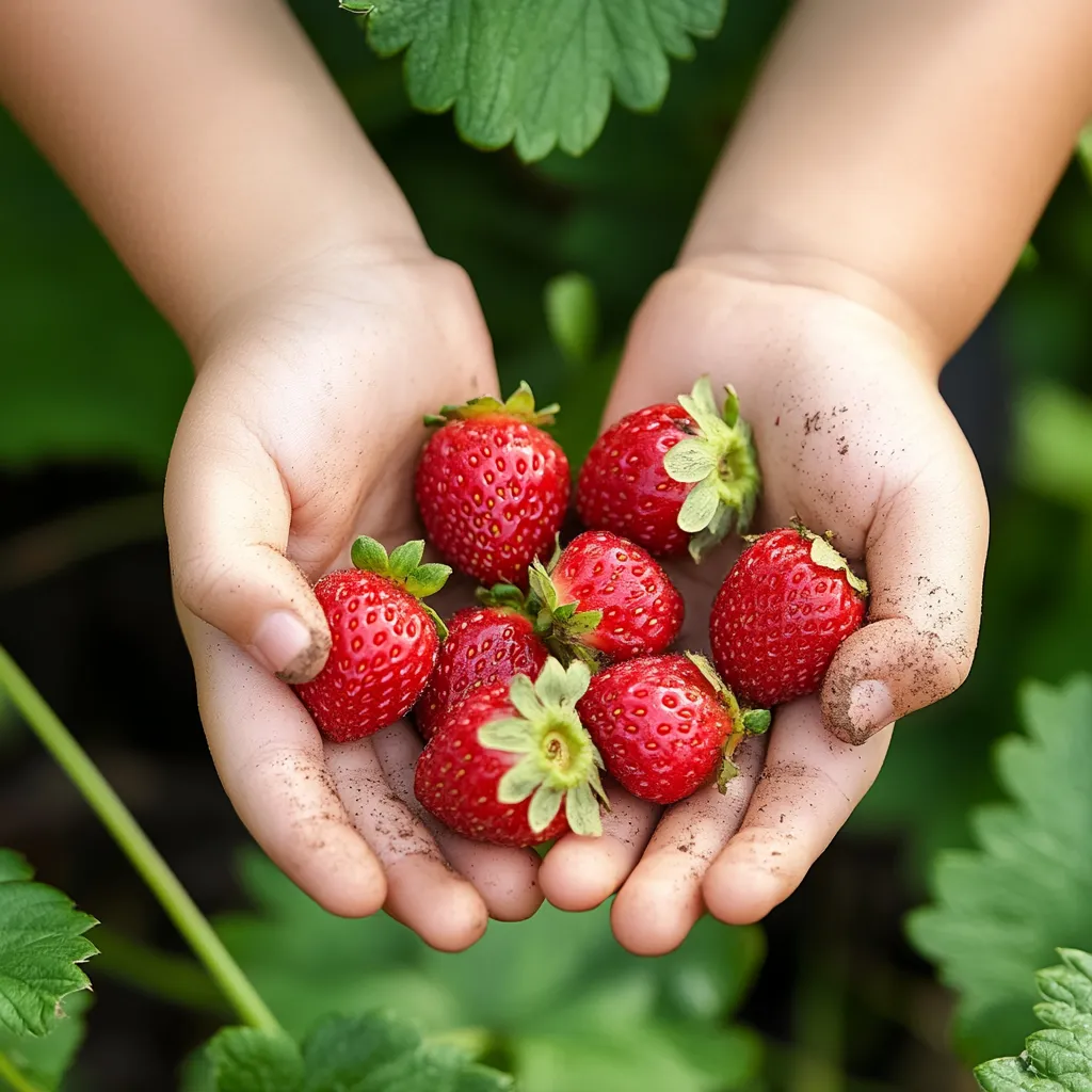 a child's hands full of freshly picked strawberries