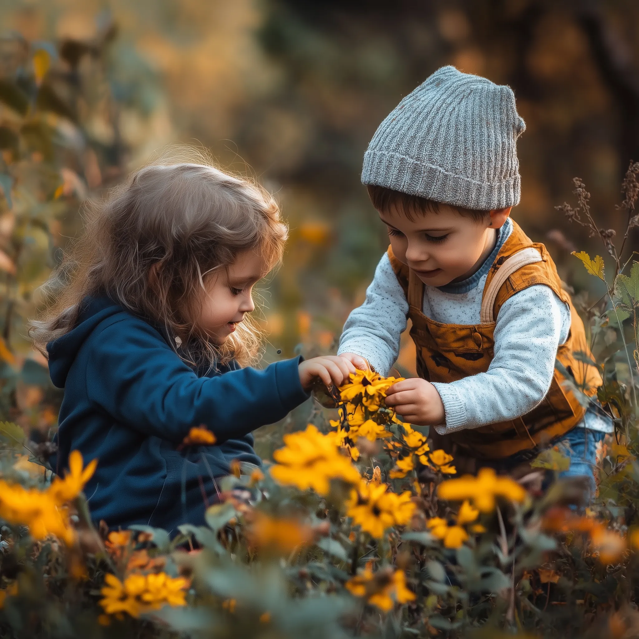 two small children picking wild flowers