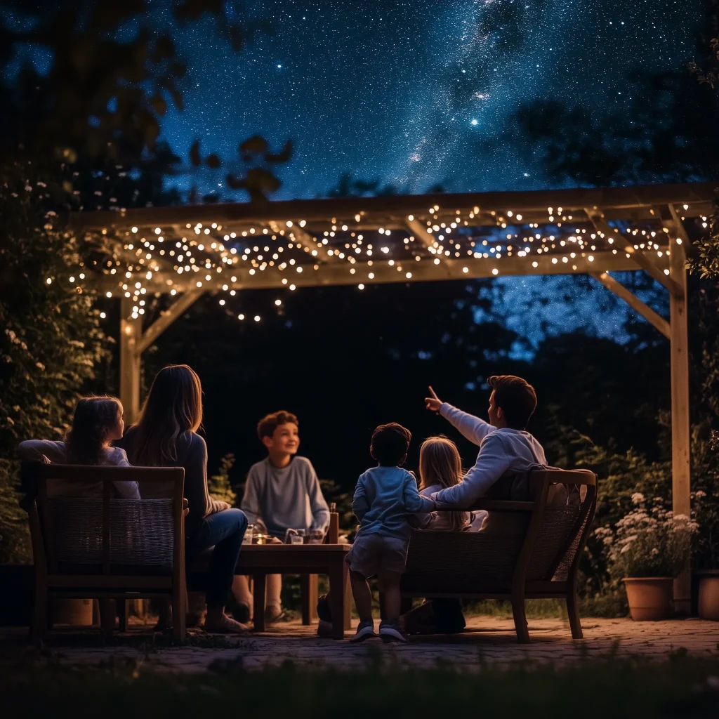 a large family sitting on garden furniture under the stars