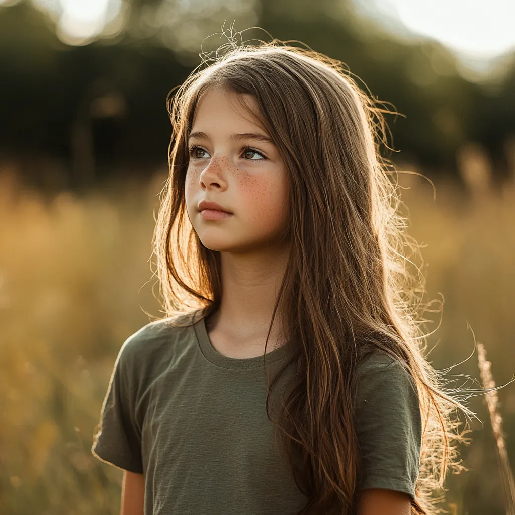 a ten year old girl walking in a meadow
