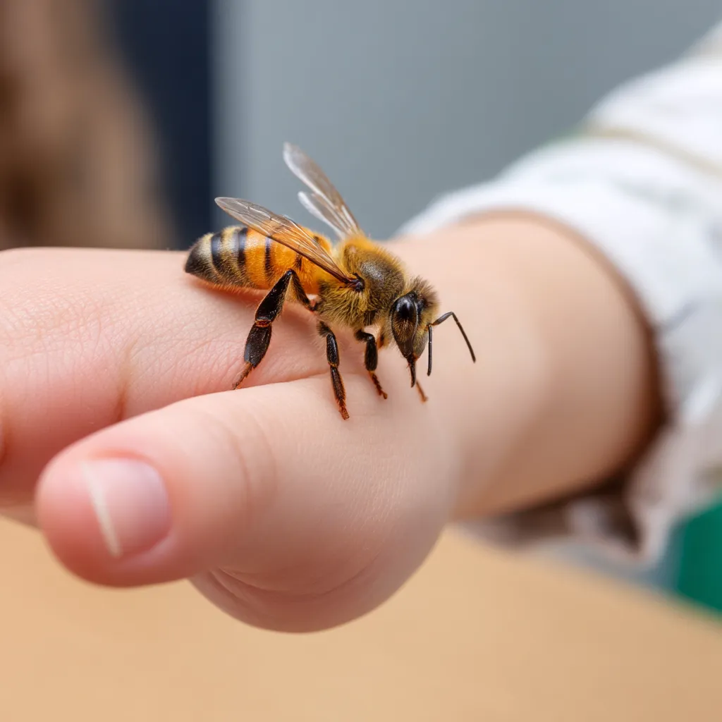 a honey bee on a child's hand