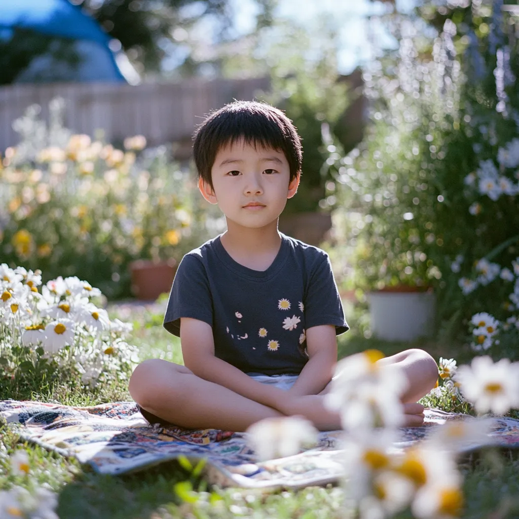 little boy in an outdoor meditation space