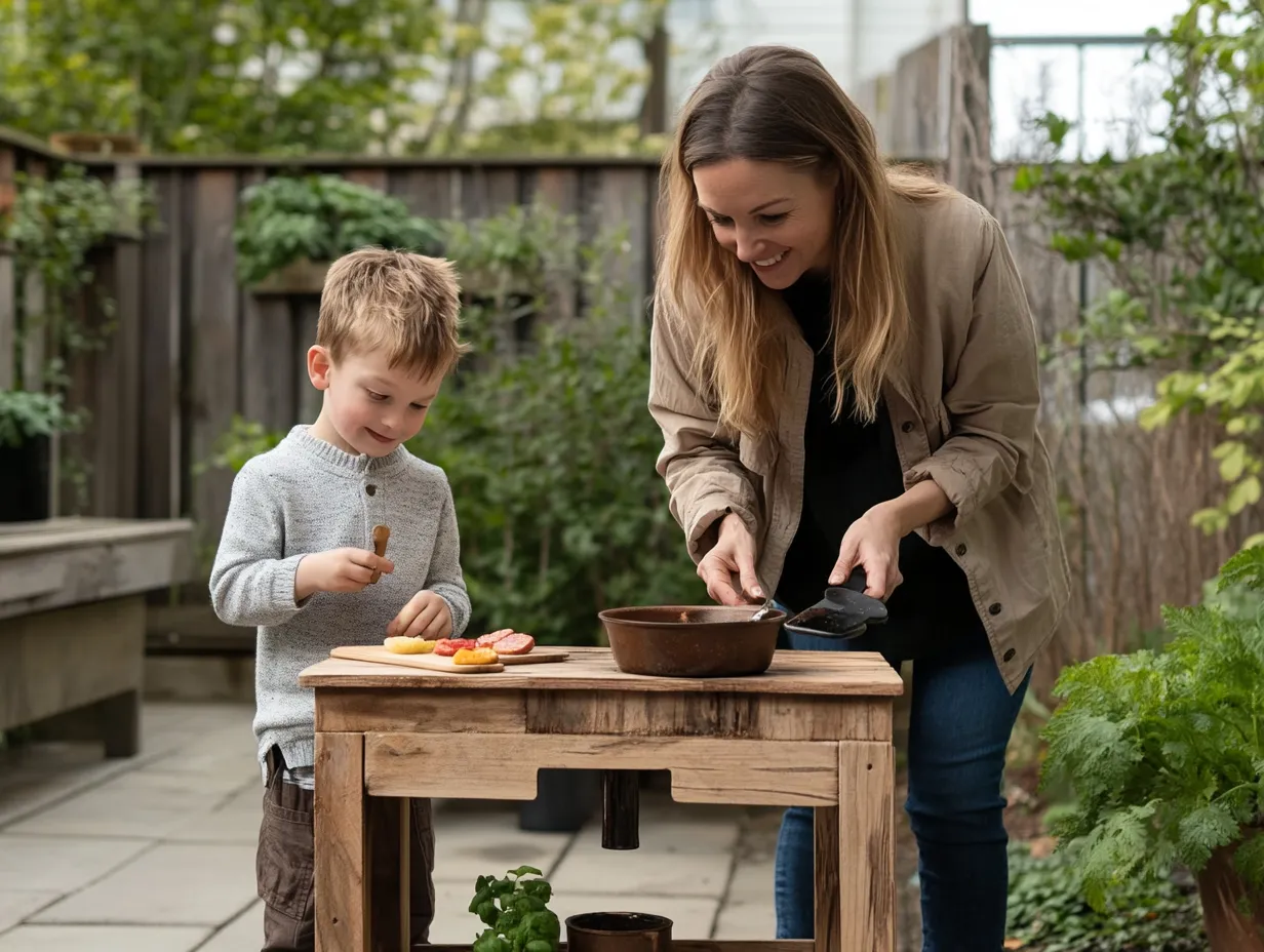 a mom and child in a pretend outdoor play kitchen