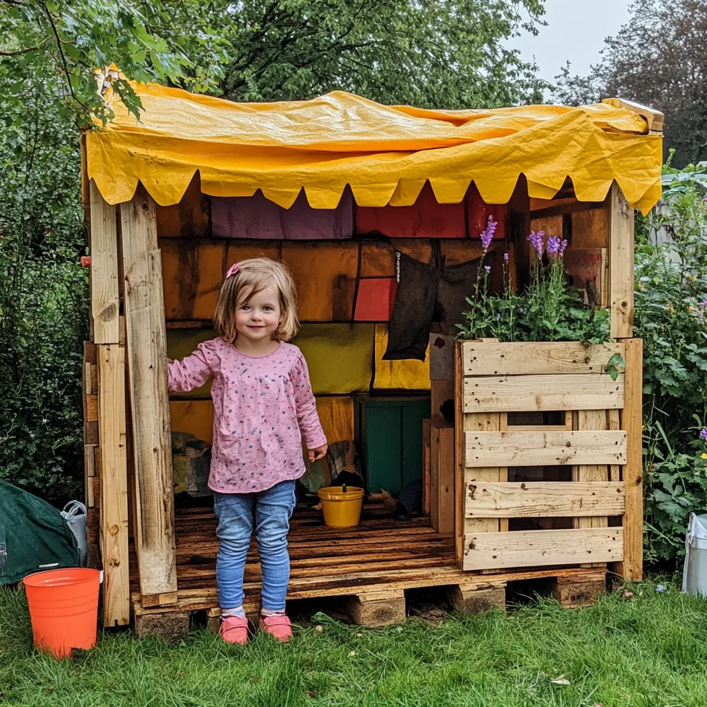 a little girl standing next to a home-made pallet den