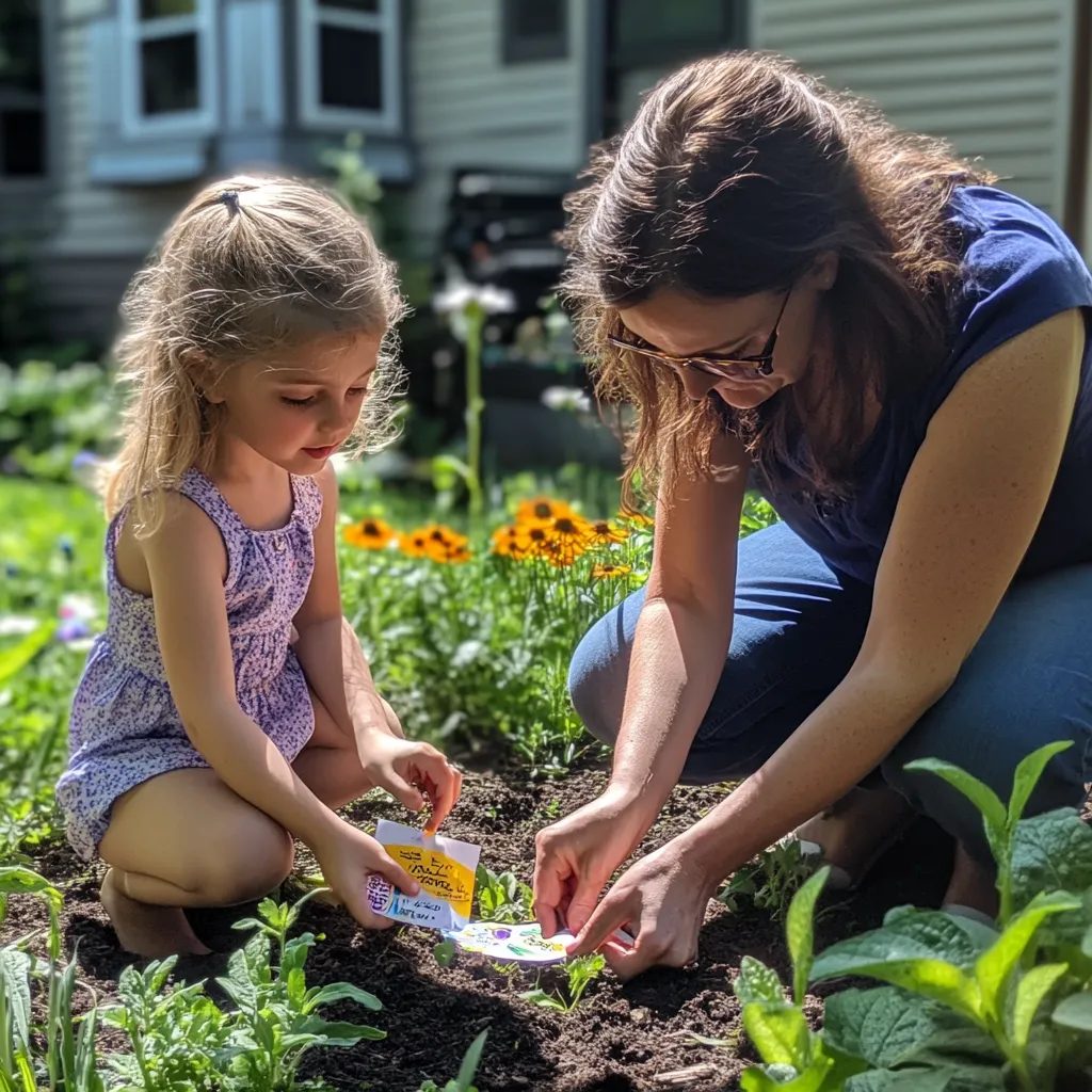 a mother and little girl planting a packet of seeds