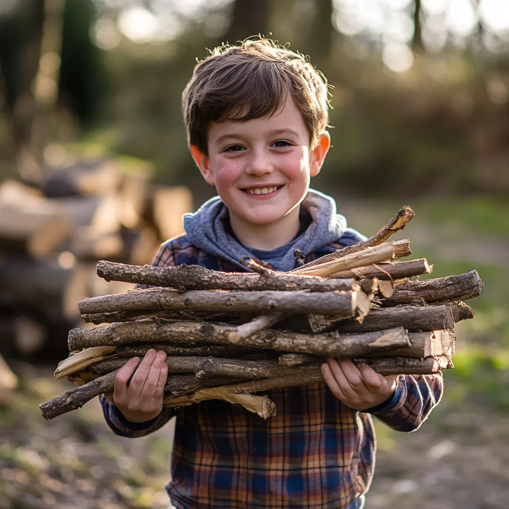8 year old boy carrying firewood on a campsite