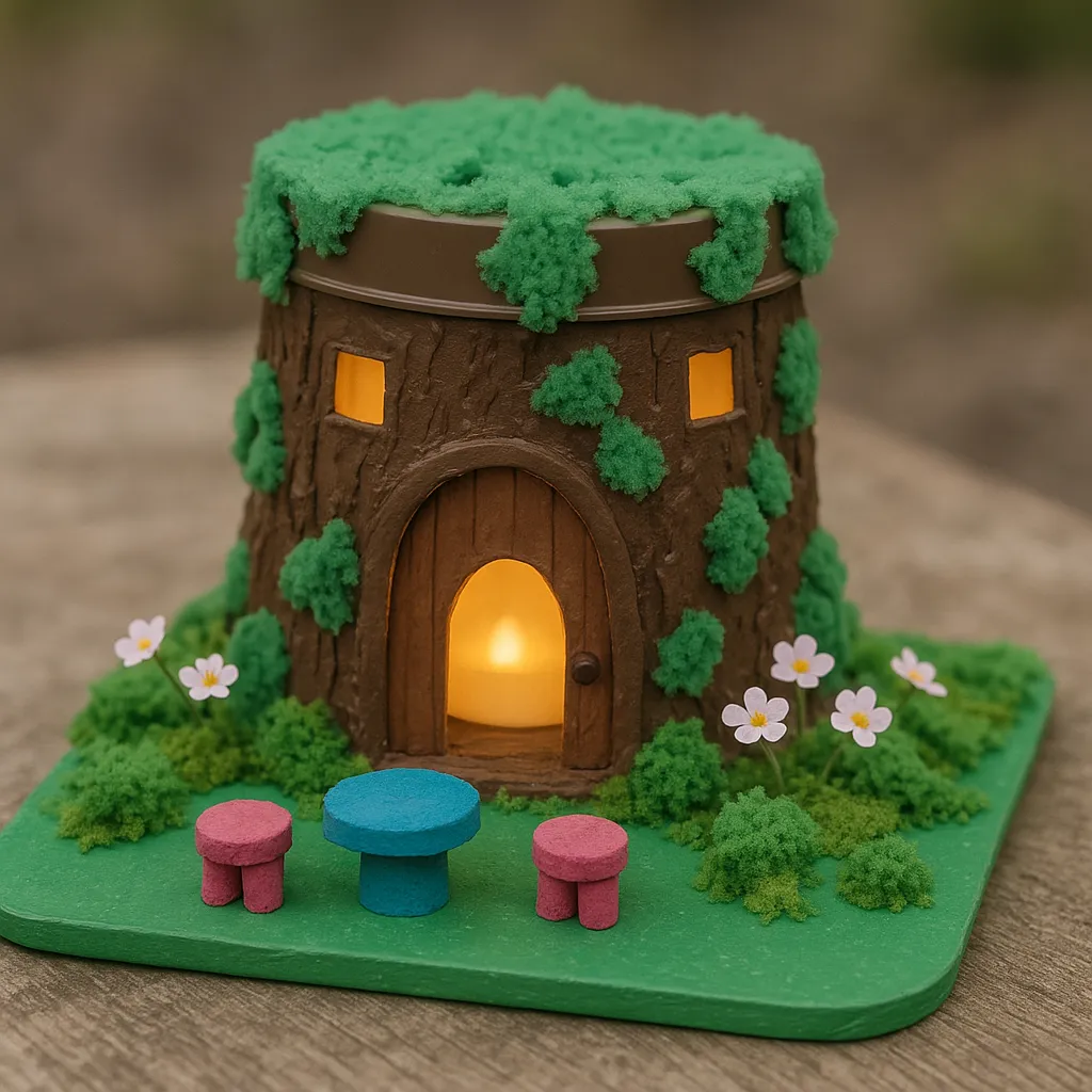 a home made fairy house crafted to look like an enchanted tree stump