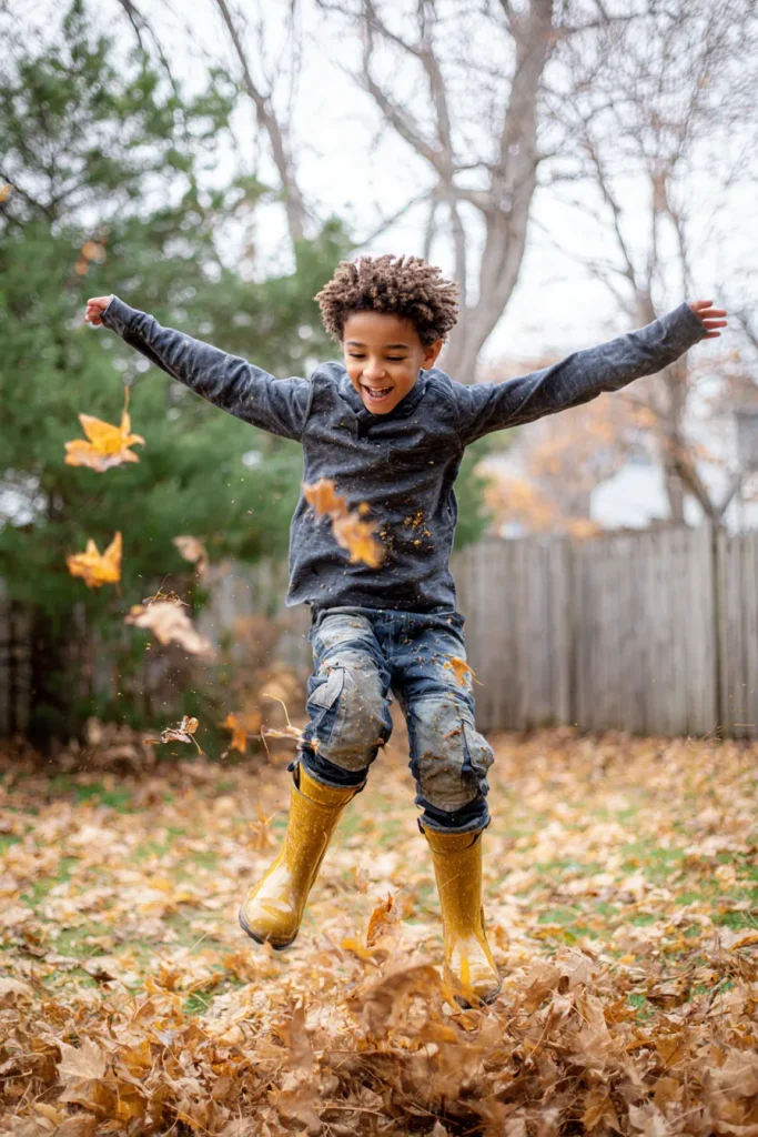 child jumping in fall leaves in his backyard