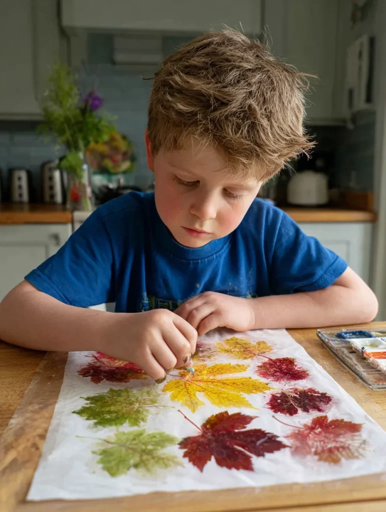 a bot making Autumn leaf prints on a large sheet of paper