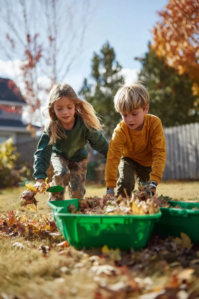 Two siblings collecting fallen leaves in their backyard