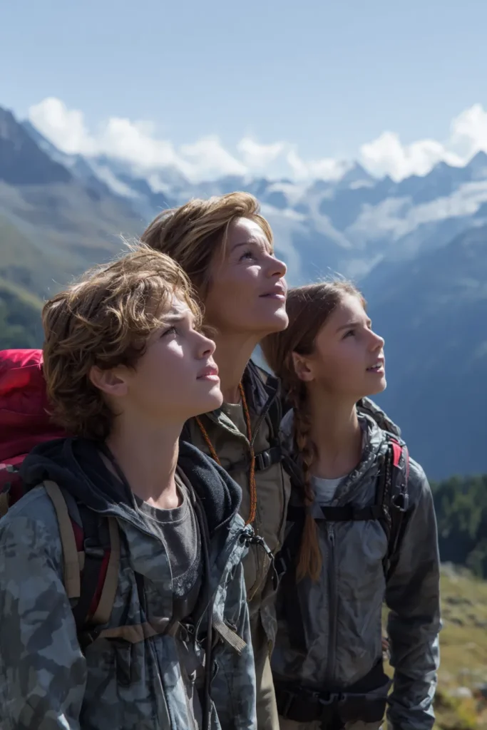 a mother and two children on a hike in the mountains