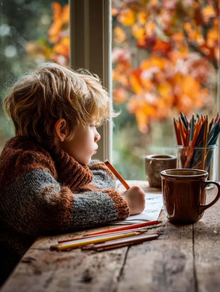 a little boy coloring by a window with Autumn leaves outside