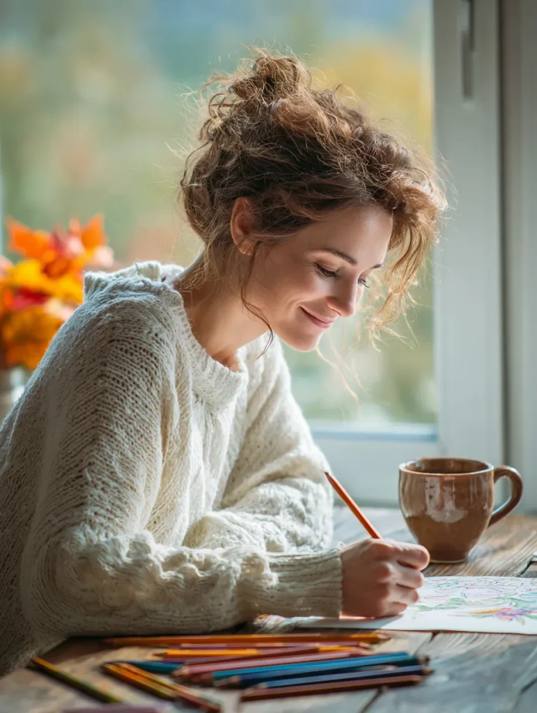 a woman coloring in the fall, a cup of tea next to her on a wooden desk
