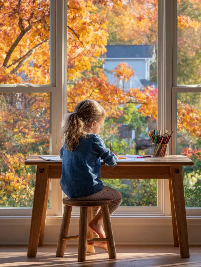 a little girl coloring at a desk with a large window in front of her on a sunny autumn day